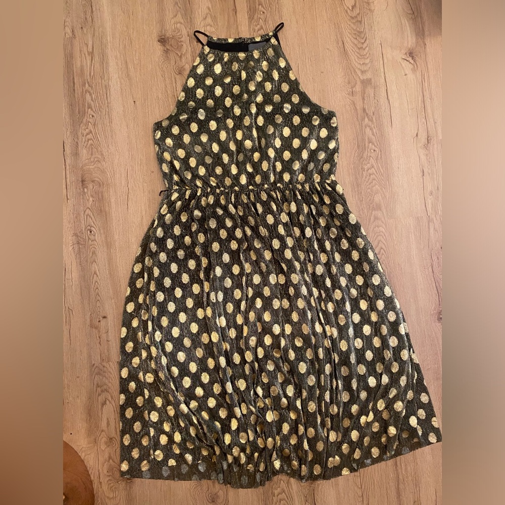 Anthropologie Metallic Gold Dot Wedding Guest Dress